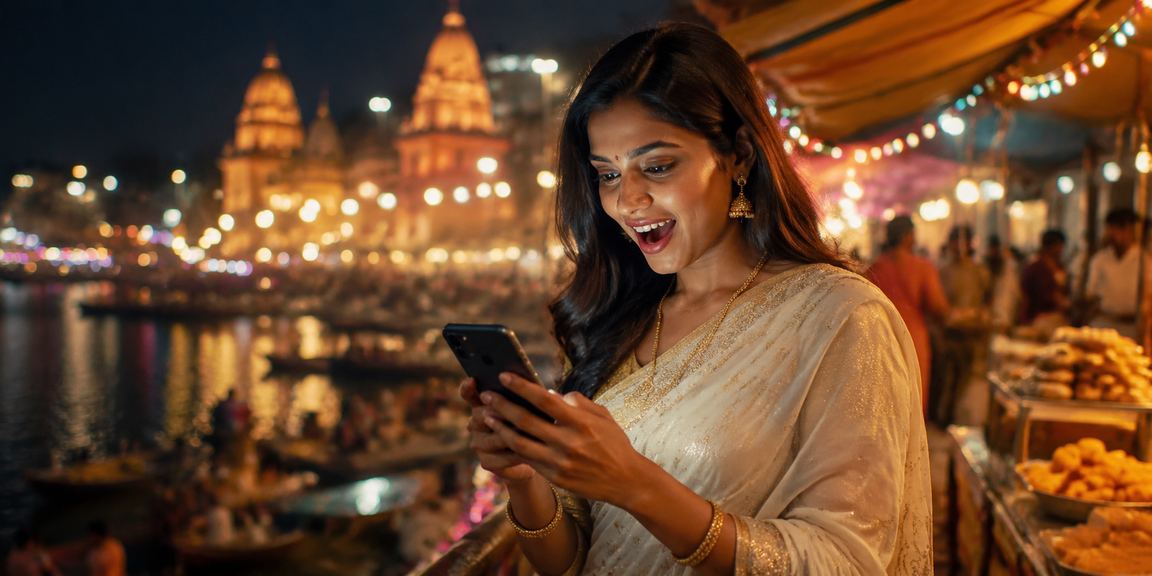 Serene evening at Varanasi Ghat with modern casino gaming shown on mobile device